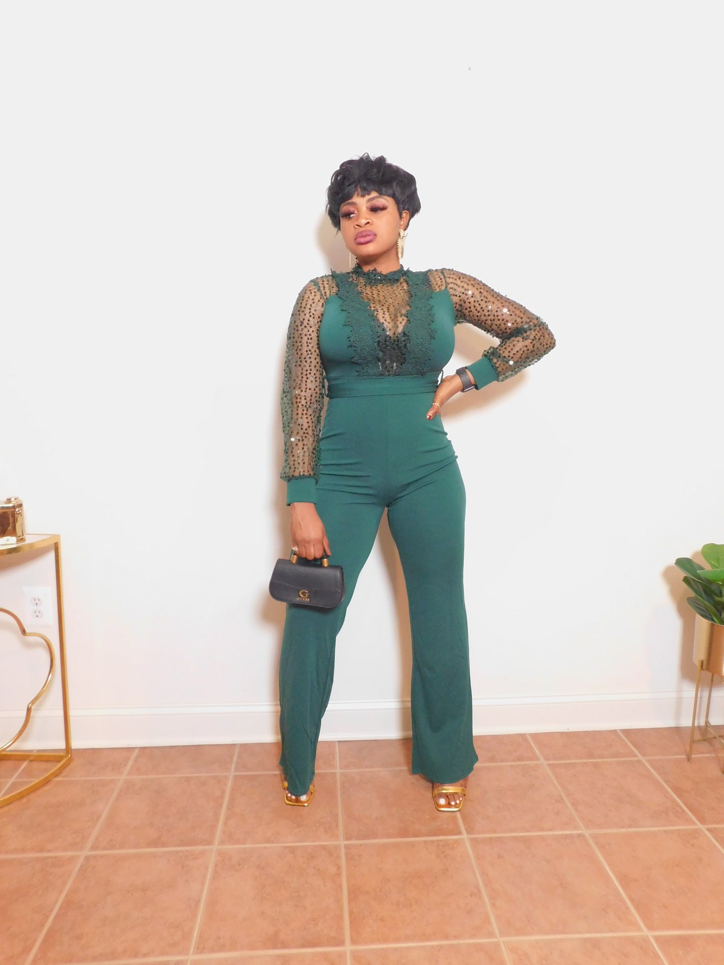 Dazzle Me Sequins Crochet Top Green Jumpsuit