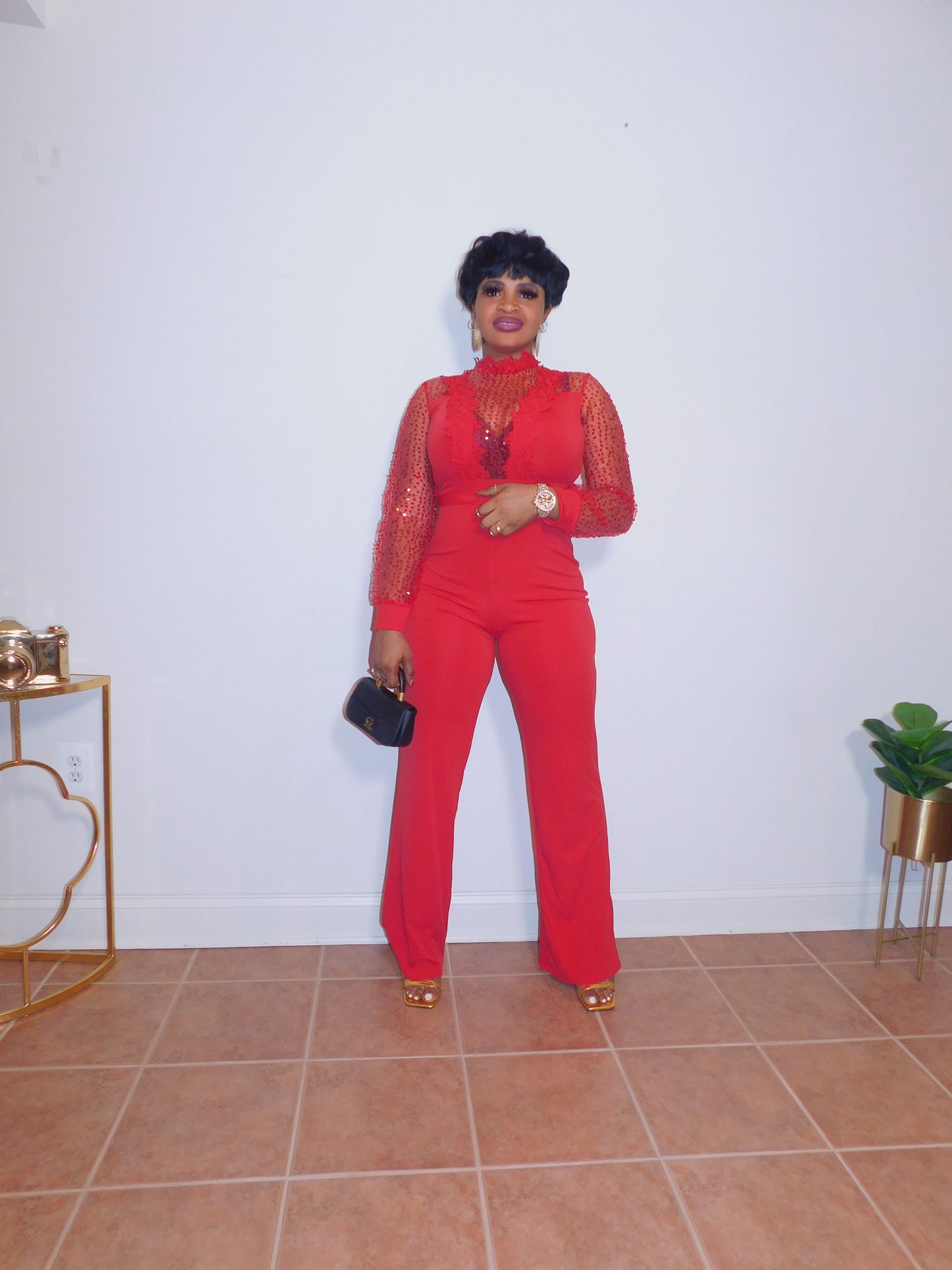 Dazzle Me Sequins Crochet Top Red Jumpsuit