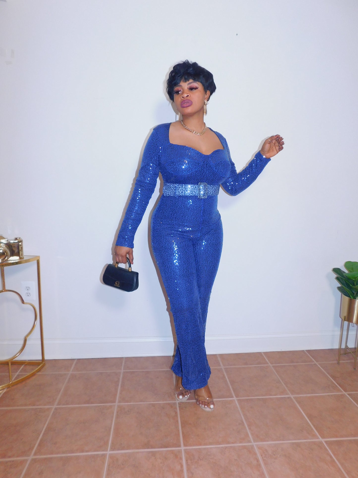 Attention Seeking Sequins Belted Blue Jumpsuit