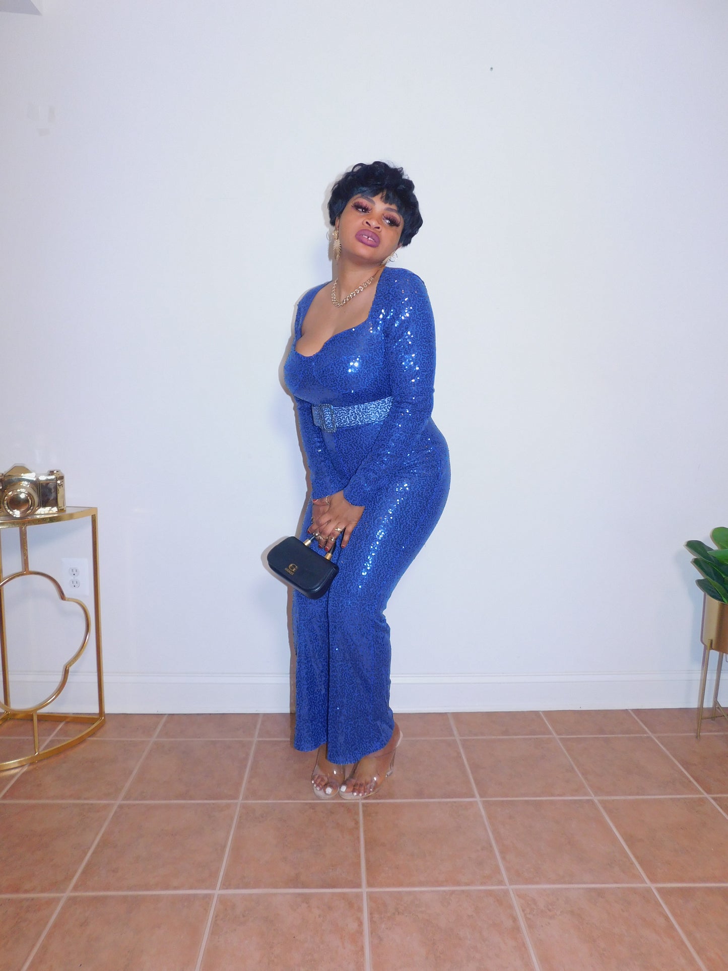 Attention Seeking Sequins Belted Blue Jumpsuit