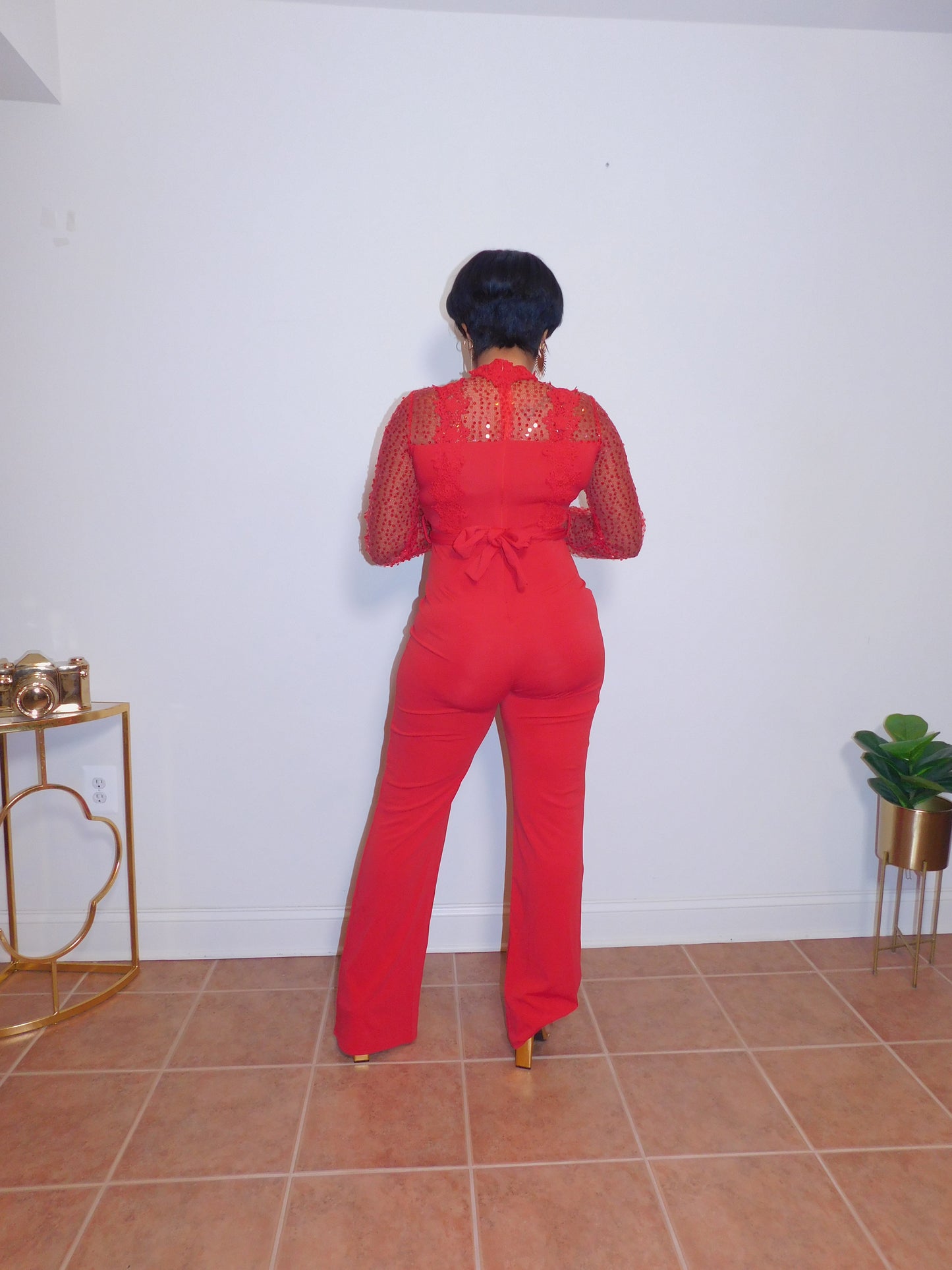 Dazzle Me Sequins Crochet Top Red Jumpsuit