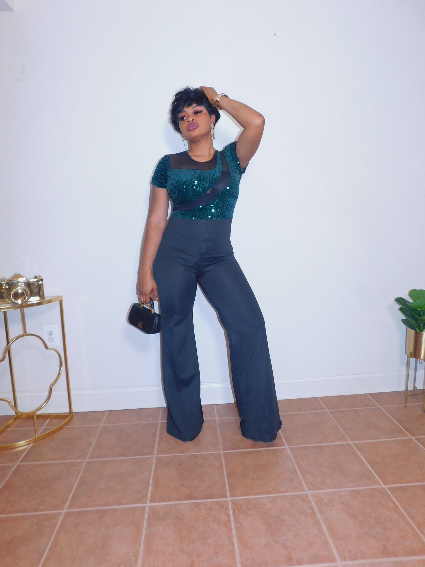 Chicest Moment Sheer Sequins Green Top Jumpsuit