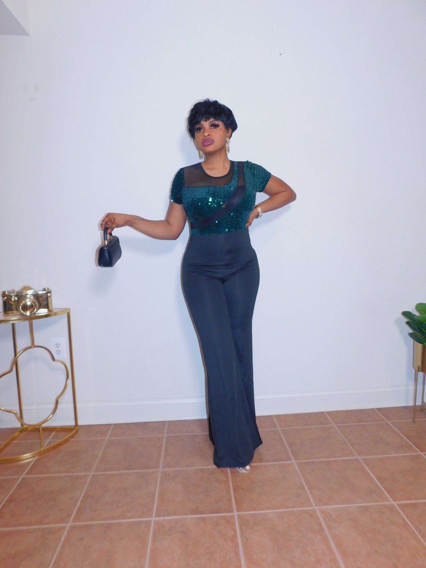 Chicest Moment Sheer Sequins Green Top Jumpsuit